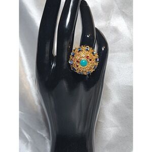 Vtg Vendome Gold Tone Multi Color Rhinestone  Dome Adjustable Ring Ornate READ